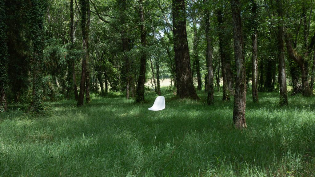 Una silla en un bosque entre arboles